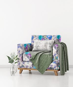 Interior with armchair, plants and plaid on empty white wall background. 3D rendering.